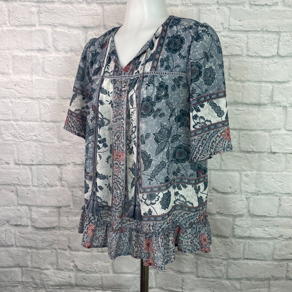 Knox‎ Rose Top XS Boho Floral Blue Short Sleeve Sheer Tie-Neck Blouse Women's - Picture 4 of 12